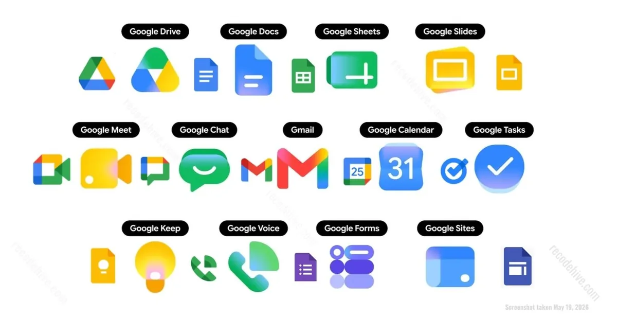 The 2026 Google Workspace icons in gradient style, labeled Drive, Docs, Sheets, Slides, Meet, Chat, Gmail, Calendar, Tasks, Keep, Voice, Forms and Sites